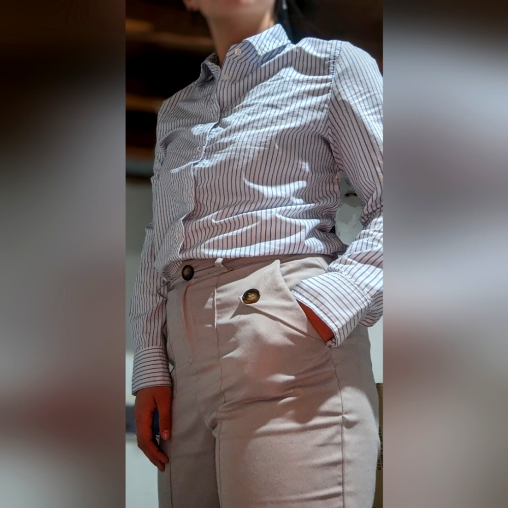 White Striped Blouse with light grey dress pants